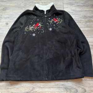 Vintage Christmas Sweater Ugly 90s Granny Black White Fleece Birds Snow Zip Lrg